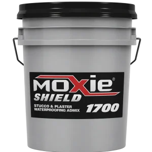 Moxie Shield 1700 stucco and plaster waterproofing admixture in a bucket.