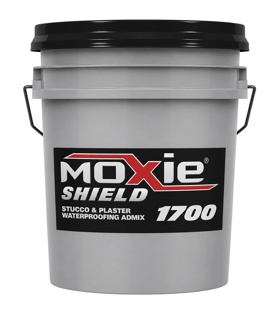 Moxie Shield 1700 stucco and plaster waterproofing admixture in a bucket.